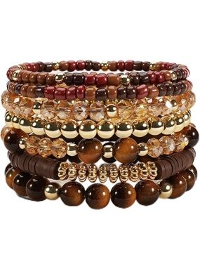 Anthropologie Brown, Gold & Amber Stackable Beaded Bracelet Set